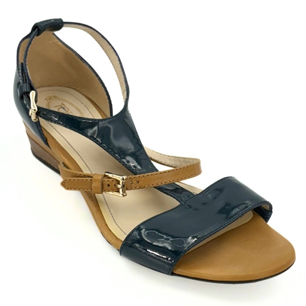Tod’s T-Strap Demi Wedge Sandals EU 36 Navy Beige Patent Leather Designer